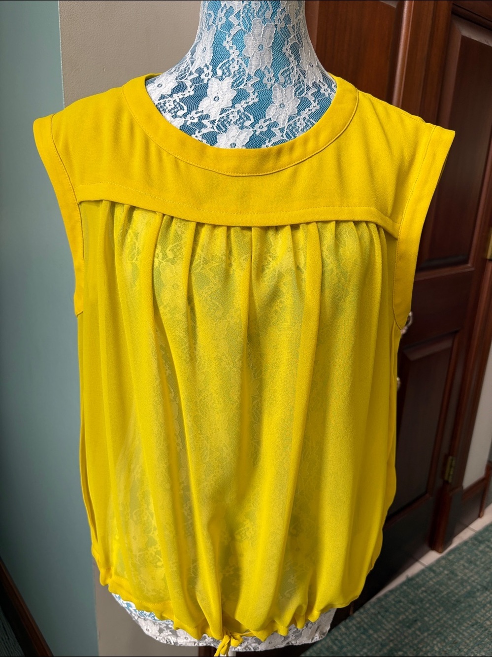 See by Chloé   Top  mostly sheer  bright mustard yellow
Cropped/drawstring hem